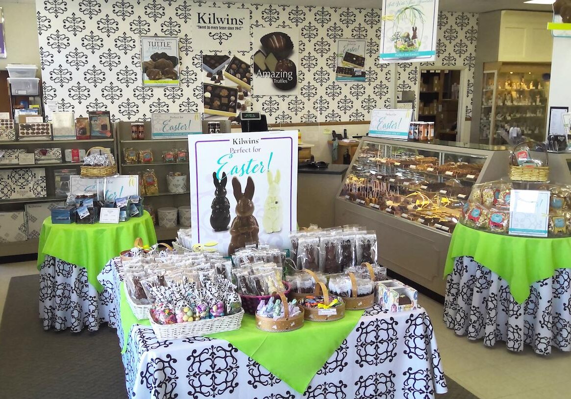 Candy shop with Easter chocolates and sweets display